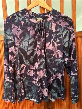 NIC+ZOE Black Floral Tie-Neck Top with Purple, Navy & Green Accents